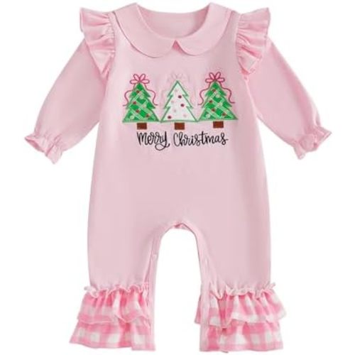 BULINGNA Infant Baby Girl Christmas Outfit Long Sleeve Doll Collar Xmas Tree Romper Ruffle Merry Christmas Jumpsuit