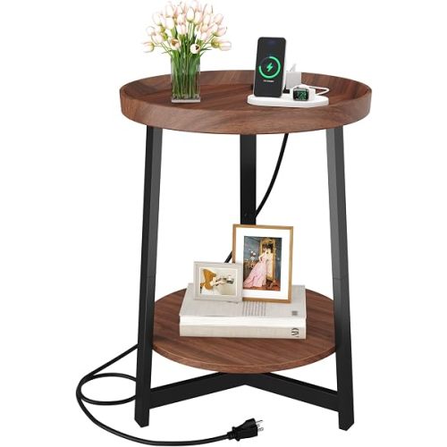 Round Industrial Side Table with Charging Station,2-Tier Round End Table with USB Port & Power Outlet, Nightstand with Metal Frame for Small Spaces, Living Room, Bedroom, Cherry