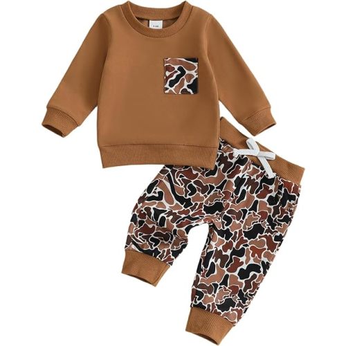 Toddler Boy Fall Winter Clothes Baby Camo Outfits Retro Duck Embroidery Hunting Sweatshirts + Camouflage Pants Set