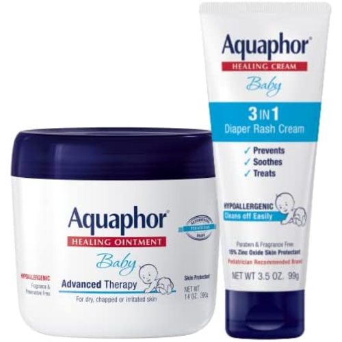 Aquaphor Baby Skin Care Set - Fragrance Free, Prevents, Soothes and Treats Diaper Rash - Includes 14 oz. Jar of Advanced Healing Ointment & 3.5 oz Tube of Diaper Rash Cream