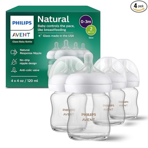Philips Avent Natural Glass Baby Bottles with Natural Response Nipples (Slow Flow, Flow 2), 4oz, 4-Pack, SCY910/04