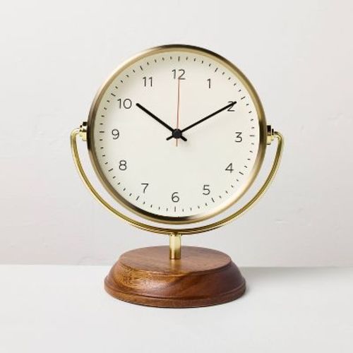 Brass Table Clock with Wood Base - Hearth & Hand™ with Magnolia