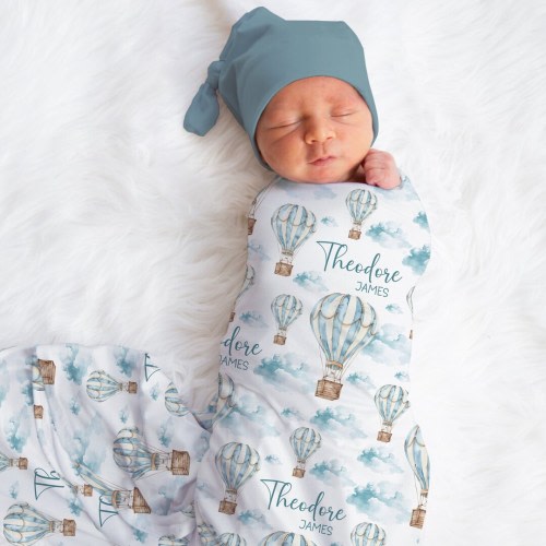 Personalized Adventure Swaddle Blanket Hot Air Balloon Name Baby Blanket Newborn Baby Boy Coming Home Hospital Outfit Baby Shower Gift
