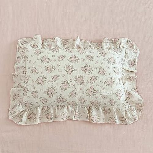 AOJIM Pink Floral Kids Toddler Pillowcase 1 Piece Super Soft Muslin Cotton Bedding Pillowcase with Ruffle Edges, Durable Nursery Pillowcase Aesthetic Print Kids Pillow Cover for Room Decor, 14x20 Inch
