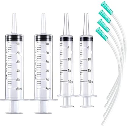 Large Plastic Syringe with Tube 60ml & 20ml with 13inch Tubing for Scientific Labs, Measuring, Watering, Refilling, Filtration, Feeding Pets, Oil or Glue Applicator, 4pcs