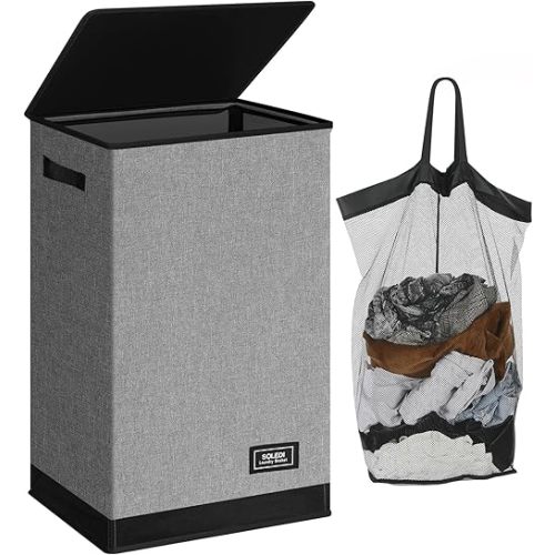 SOLEDI Laundry Hamper with Lid 90L Large & Tall Collapsible Laundry Basket, Clothes Hamper with Bag Removable Easy to Carry, Dirty Hampers for Bedroom, Bathroom, Dorm, College, Grey