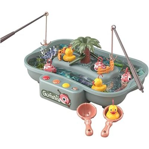 Water Circulating Game Board Play Set with 3 Ducks, 3 Fish, 2 Water Ladles and 2 Fishing Poles, Electronic Toy Fishing Set with 6 Music for Kids Toddlers