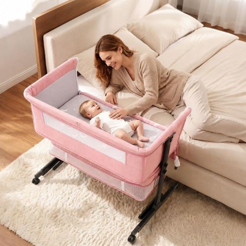 Kmaier Baby Bassinet 3 in 1 Foldable Portable Crib,6 Adjustable Height,with WheelsBaby Bassinet Rocking-,Pink