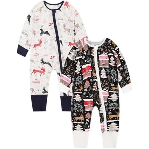 OPAWO Viscose from Bamboo Baby Pajamas Girl 2pack Mittens Cuff 2 Way Zipper Soft Footless Sleeper Baby Boy One-Piece Romper