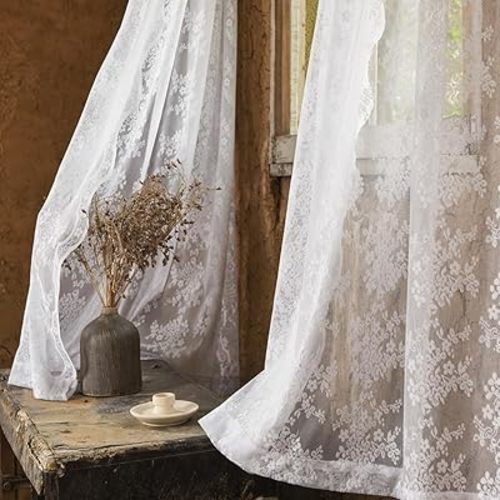 Sheer Lace Curtains 90 Inches Bright White