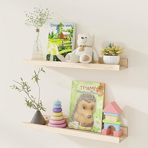 Picture Ledge Shelf, 24 inch Solid Wood Floating Shelves, Picture Shelf for Wall with Ledge, Floating Book Shelves for living room Bedroom Kitchen Nursery Decor, Natural Unfinished, Set of 2