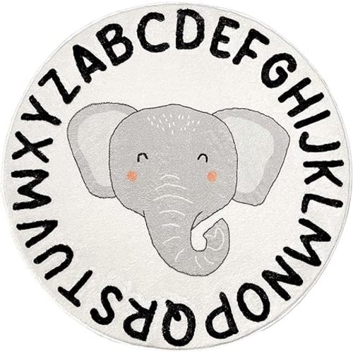 ABC Round Alphabet Nursery Rug, Soft Fluffy Carpet for Playroom, Bedroom, Classroom - Washable Non-Slip White Fuzzy for Girls & Boys, Kids Play Rug (Baby Elephant, White) (40in x 40in (100cm x 100cm))