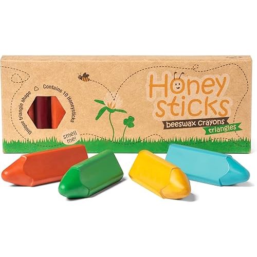 Honeysticks Triangular Crayons (10 Pack) - 100% Pure Beeswax, Food Grade Colors, Non Toxic Crayons for Baby, Toddlers ages 1-3,2-4, Triangle Shape for Pencil Grip Development. Handmade in New Zealand
