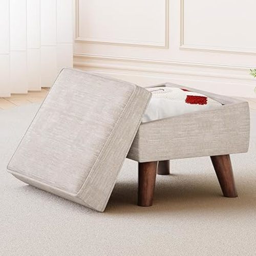 Ottoman Foot Rest, Small Footstool Ottoman with Storage, Modern Foot Stool with Adjustable Lid and Sturdy Wood Legs for Living Room, Bedroom, Couch, Enterway (Beige)