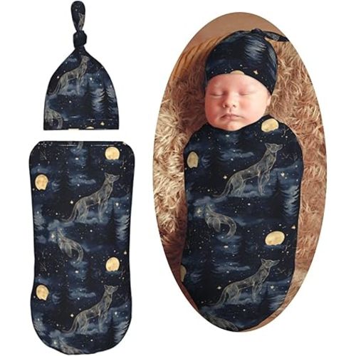 Dark Celestial Wolf Newborn Swaddle Blanket with Beanie Set Soft Baby Sleep Sack Stretch Adjustable Swaddle Wraps Receiving Blankets