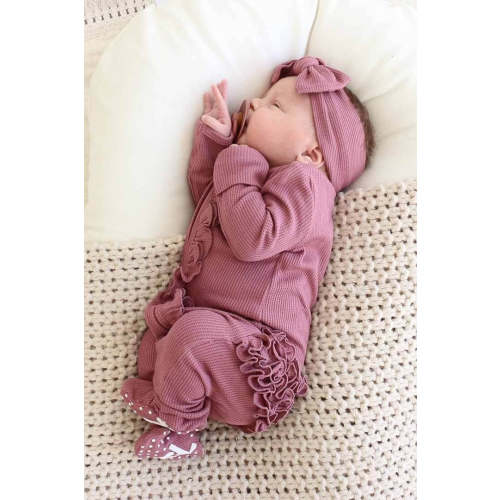 Boysenberry Bamboo Waffle Ruffle Zipper Footie
