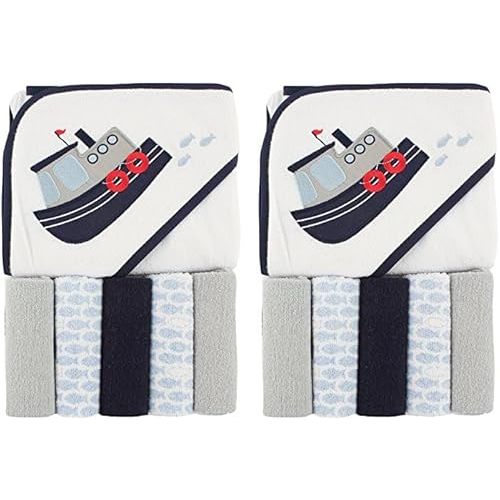 Luvable Friends Unisex Baby Hooded Towel with Five Washcloths, Tugboat, One Size (Pack of 2)