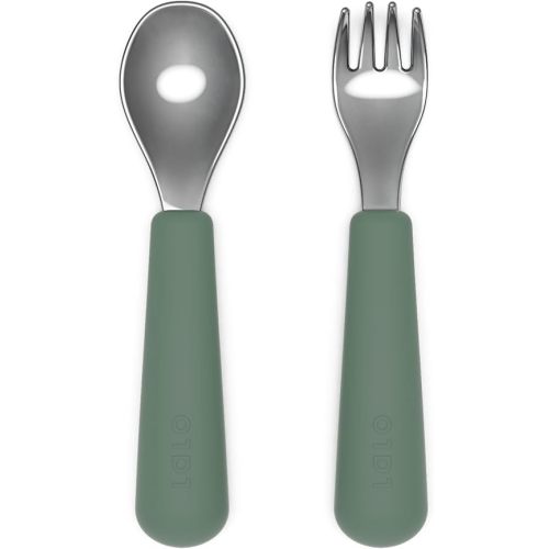 Lalo Utensils - Toddler Fork and Spoon Set - Stainless Steel and Silicone Ergonomic Toddler Utensils - Children Safe Flatware Set - 2 Pieces - Olive