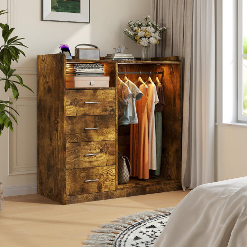 Mercer41 Bedroom Dresser with Hanging Rack, 4 Drawer Storage Dresser with LED Lights and USB Charging Station | Wayfair