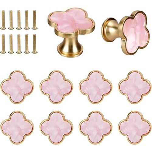 10 PCS Four Leaf Clover Cabinet Knobs with Screws, Gold Drawer Knobs Pulls Handles Modern Single Hole Door Cupboard Handles Zinc Alloy for Kitchen Wardrobe Dresser Furniture (Gold+Pink)