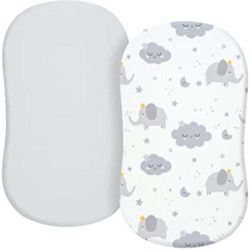 TILLYOU Bassinet Fitted Sheets for Baby Boy Girl, Universal Fit for Cradle Oval Rectangle Hourglass Mattress, 2-Pack Elephant & Cloud