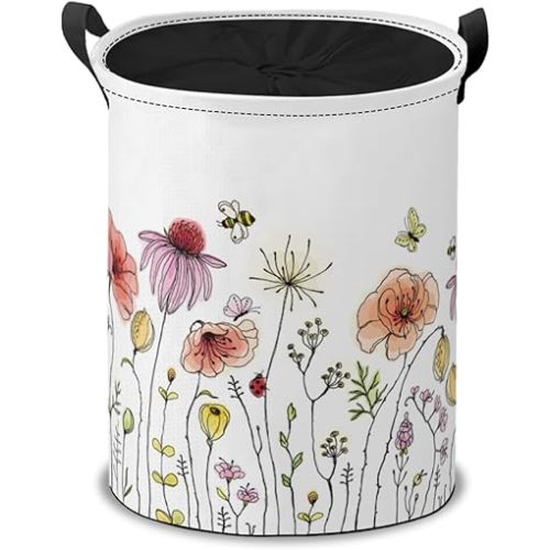 Colorful Wildflowers Laundry Hamper Basket, Garden Plant Herbs Floral Printing Collapsible Portable Laundry Bag, Storage Bins Toys Storage Gifts Basket, Bedroom Home Nursery Decor for Baby Girl Women