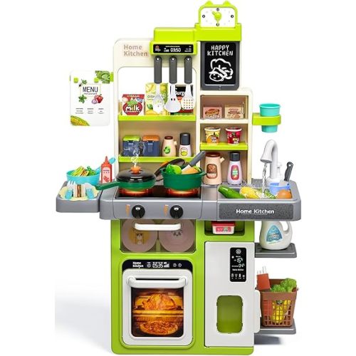 Kids Play Kitchen Set, Toddler Kitchen Playset with Sound & Light, Cooking Stove with Steam, Play Sink, Play Food Toy and Kitchen Accessories, Kitchen Toy for Kids Girls Boys 1-3 (31.5 * 22 * 8.6in)