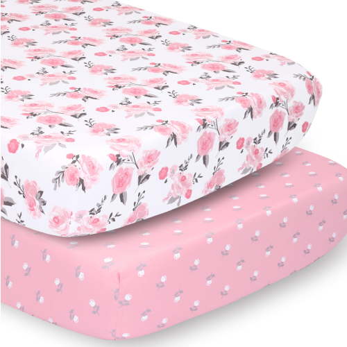 Peanutshell Nursery Mini Crib Sheet Set for Baby Girls, Pink Roses, Ditsy Floral, 2 Pack