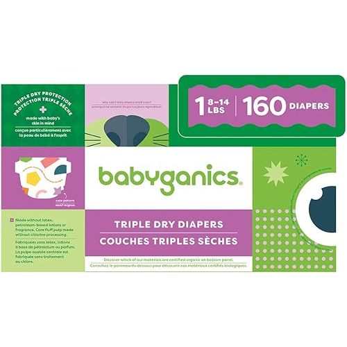 Babyganics Size 1, 160 count, Absorbent, Breathable, Triple Dry Protection Diapers