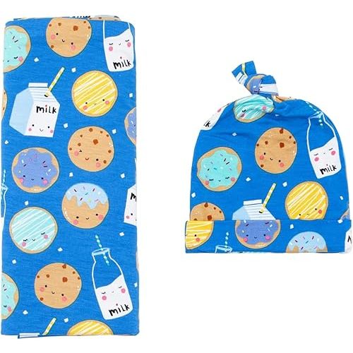 Little Sleepies Newborn Swaddle + Hat Set, Viscose Derived from Bamboo Baby Wrap, Blue Cookies & Milk