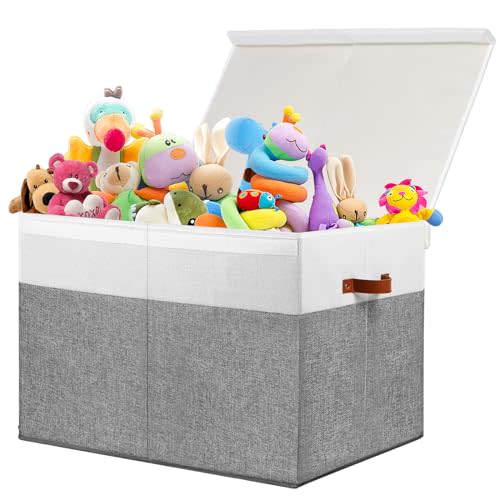 Large Toy Storage Box with Lid, Sturdy Toys Storage Chest Bin Organizer Basket with Dividers for Kids, Boys, Girls, Nursery, Closet, Bedroom, Playroom 26"x17" x17" (Grey and White)