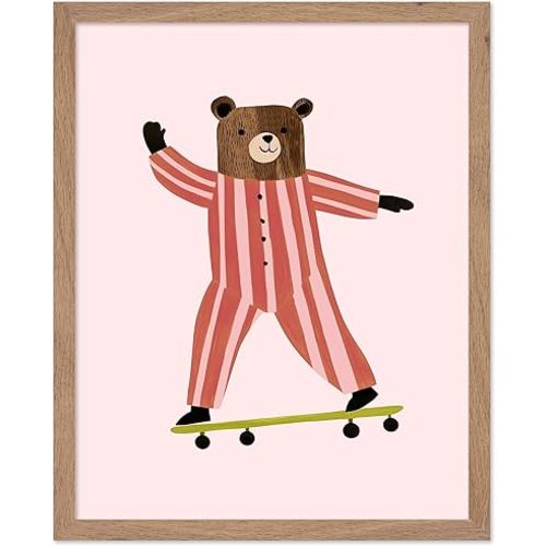 Monem Art Skateboarding Bear Poster - Whimsical Nursery Print - Cool Bear Wall Art - Playful Animal Art - Playroom Art - Nursery Wall Art - Boho Kid's Room Decor - 16x20 Beige Framed