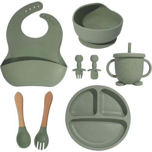 8-Piece Silicone Baby Feeding Set, Baby Led Weaning Supplies with Bib Cup Divided Plate and Bowl Self Feeding Spoons Forks Set, BPA-Free Baby Utensils, Toddler Feeding Supplies (Green)