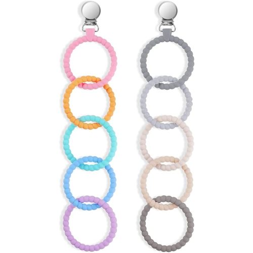 Ainiv Silicone Baby Teether Links, 2 Strings Baby Teething Toys with Pacifier Clip, Cutie Baby Teether Rings, Food Grade Silicone Attachable Teether Chew for Newborn Infant Baby Gift, Color-3&4