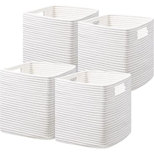 UBBCARE Storage Cubes 11 Inch, Cotton Rope Woven Baskets for Organizing, Cube Storage Bin for Baby Nursery, 4-Pack Square Toy Storage Baskets for Shleves Organizer, Closet, Kidsroom, White