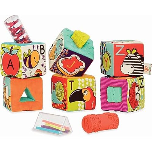 B. Toys Soft Fabric Building Blocks for Toddlers - Educational Alphabet Blocks with Textured Shapes - Stack & Play ABC Blocks for 6 Months+