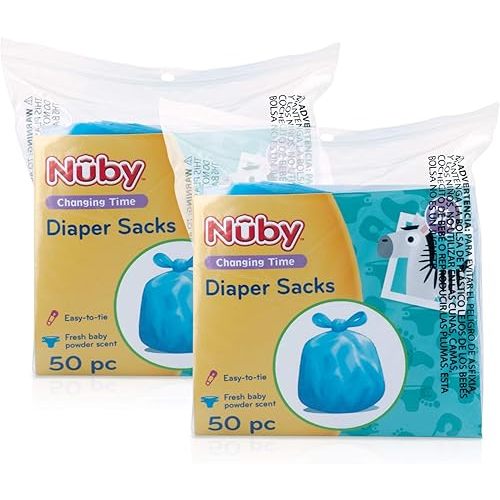 Nuby Diaper Disposable Bags, Fresh Baby Powder Scent, 2 Pack (50 Count Each Pack)