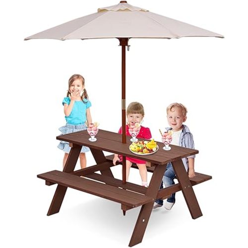 Costzon Kids Picnic Table, Wooden Table & Bench Set w/Removable & Foldable Umbrella, Toddler Patio Set for Backyard, Garden, Lawn, Girls & Boys Gift, Kids Table and Chair Set for Outdoors (Natural)