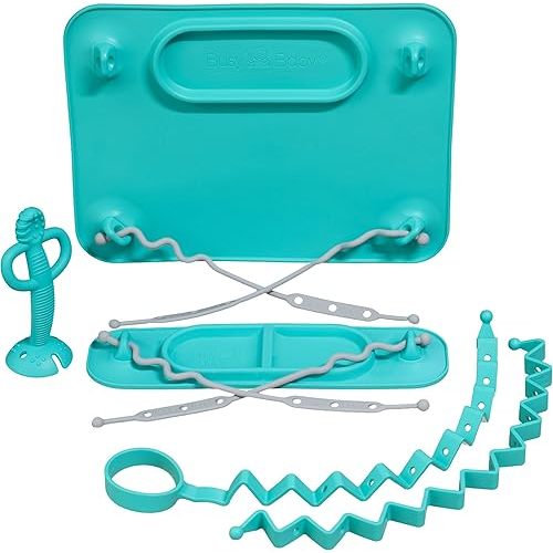 BUSY BABY New Parent Start Up Kit - Original Placemat, Mini Mat, Teether Spoon, Toy Bungee, Bottle Bungee, 6 Straps (Spearmint)