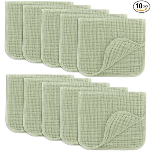 Comfy Cubs Muslin Burp Cloths 20" x 10", Pack of 10 - Large, 6-Layer, Ultra Absorbent 100% Cotton for Baby Drool and Messes - Soft, Safe & Gentle Baby Burp Cloths for Boys & Girls - Sage