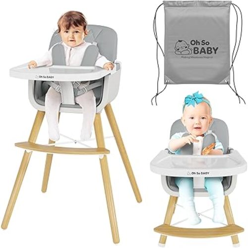 4-in-1 Convertible High Chair – Features Removable Legs, 3-Position Tray, 5-Point Safety Harness, & Storage Bag. Multifunctional Wooden Chair Ideal for Feeding Babies and Toddlers (6M-3Y).