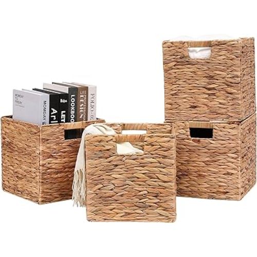 Wicker Storage Cubes Foldable Water Hyacinth Baskets,Handwoven Storage Baskets for Shelves,Kitchen or Outdoor,Set of 4 Pcs,11x11x11inch