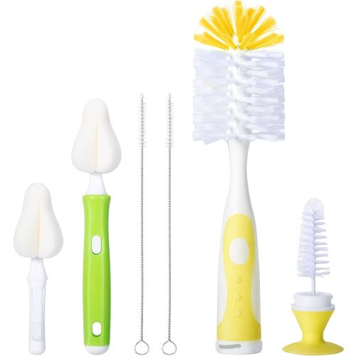 Baby Bottle Brush with One Base Hidden Nylon Nipple Cleaner, 2 Pcs Sponge Nipple Brushes, 2 Pcs Straw Brushes, Bottle Brush with Nipple Cleaner and Suction Cup (Yellow)