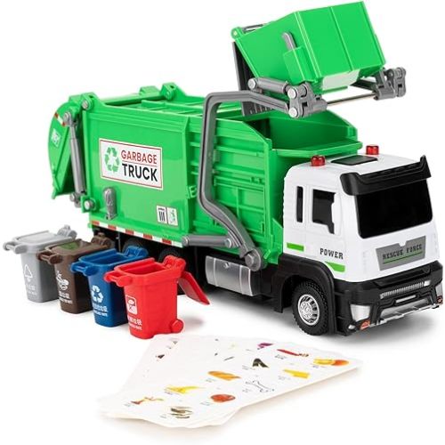 Garbage Truck Toys for Kids, Pull Back Plastic Green Car with Sounds and Lights, Educational Trash Truck Toy Vehicle with 4 Garbage Bins and Learning Cards for Kids