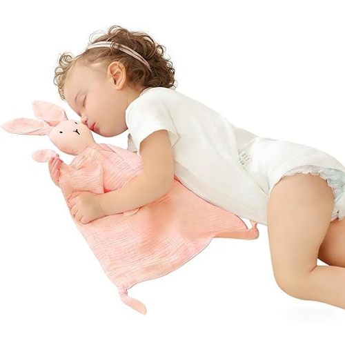 Bunny Lovey Muslin Cotton Baby Security Blanket Soft Breathable Lovies for Babies Gifts for Newborn Infant Toddler Boys and Girls, Pink