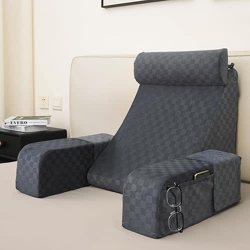 Vekkia Reading Pillow for Sitting in Bed Adult,Back Pillow for Sitting Up,Backrest Support Pillow with Arm Rest,Bed Chair Pillow with Big Pockets for Gaming,Watching TV in Floor,19in(Grace Grey)