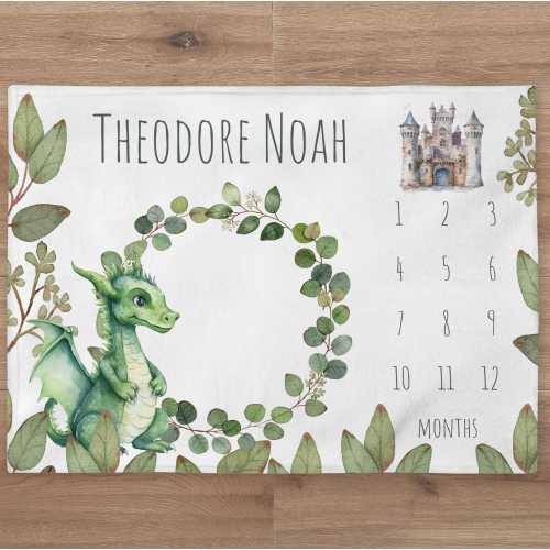 Dragon Milestone Blanket Personalized Fairy Tale Baby Boy Month Blanket Custom Castle Age Newborn Calendar Tracker New Baby Shower Gift