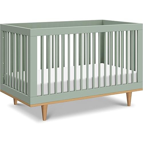 DaVinci Marley 3-in-1 Convertible Baby Crib with Wooden Toddler Bed & Daybed Conversion, Durable, GREENGUARD Gold Certified - 4 Adjustable Mattress Heights - Light Sage & Walnut Legs