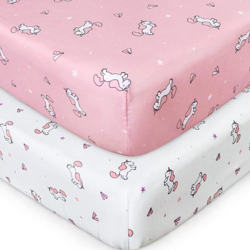 Lot de 2 draps-housses pour berceau fille (132,1 x 71,1 cm), draps-housses doux et respirants pour matelas de berceau standard et matelas de tout-petit, rose
