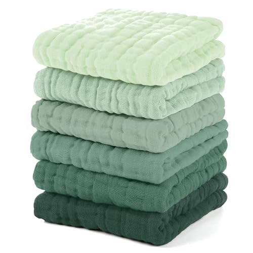 Unnivoll Muslin Baby Washcloths 6 Pack, 100% Cotton Wash Cloths for Babies, Large 12''X12'' Burp Cloths Absorbent and Soft for Newborn Infants Kids Boys Girls - Gradient Green